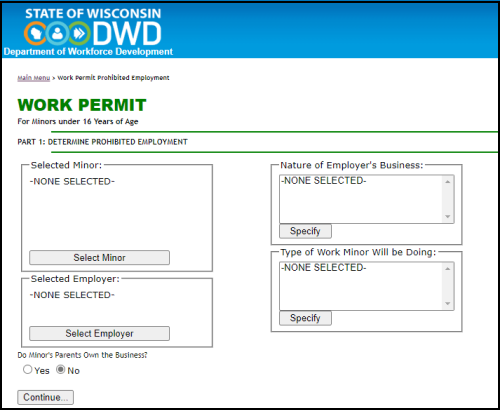 Work Permit Main Screen