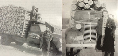 Charles (left) and Maude Mihalko (right) stand in front of their company trucks stacked full of logs cut in the forests of northcentral Wisconsin.