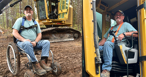 Steve Mihalko with his harvester, modified with a hoist system and hand controls.