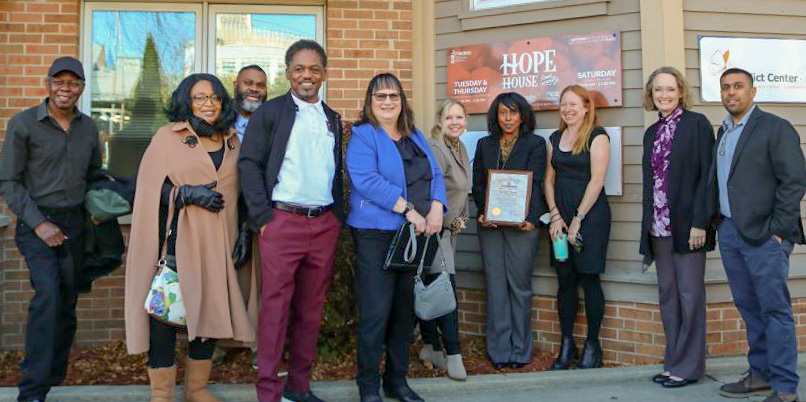 From left to right, Prince Hudson; Barbara Hudson; Markus Watts, Business Services Consultant with DWD's Division of Vocational Rehabilitation; Timothy Young, President of Assure Consulting; Delora Newton, Administrator of DWD's Division of Vocational Rehabilitation; DWD Secretary-designee Amy Pechacek; Ebony Walker, Hope House Resource Director; Wendy Weckler, Hope House Executive Director; DHS Secretary-designee Karen Timberlake; and Sameer Bhaiji, Business Consultant with DWD's Division of Vocational Rehabilitation. The group gathered to celebrate the homeless shelter's exemplary award for diverse and inclusive hiring practices during National Disability Employment Awareness Month