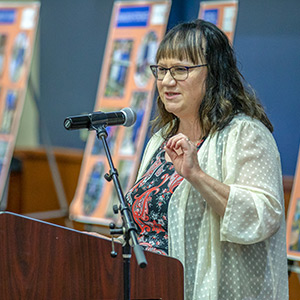 DWD Division of Vocational Rehabilitation Administrator Delora Newton address interns and their families during a Project SEARCH graduation ceremony held at UW-Platteville.