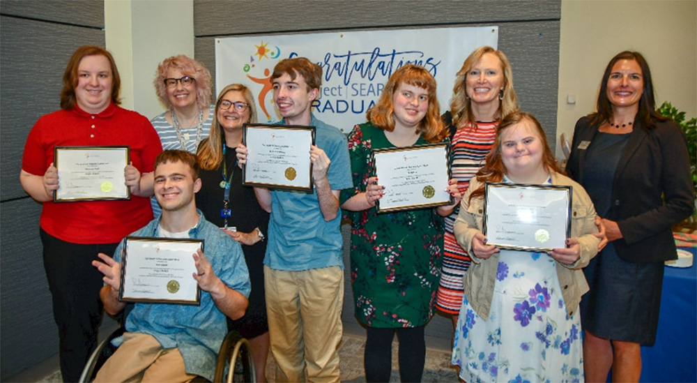 On Thursday, June 29, Project SEARCH instructors and DWD Deputy Secretary Pamela McGillivray (far right) attended a graduation ceremony for interns who completed the work training program at Froedtert Hospital. The interns with their certificates, from left to right, are Benjamin Peetz, Evan Gerndt, Anthony Poshepny, Lila Nelson, and Maria Brzinski.