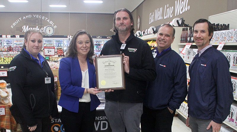 Lt. Gov Sara Rodriguez, second from left, presented Hansen's IGA Markets with Gov. Evers' Exemplary Employer Award during National Disability Employment Awareness Month. Pictured from left are Store Director Tatum Lamp, Rodriguez, District Manager Shawn Christiansen, and co-owners Greg and Nick Hansen. 