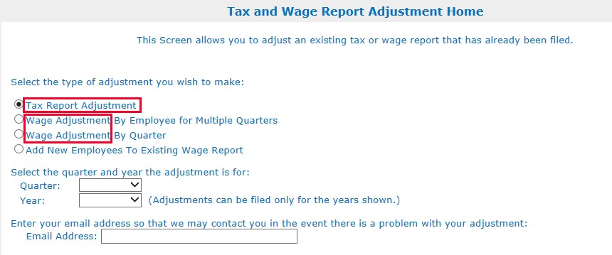 Tax and Wage Report Adjustment Menu