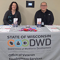 LVER Sara Lazarz and DVOP Mike Xiong providing employment services and resources to students and graduates at the 2025 Spring Career Conference at UW Stout February 25, 2025